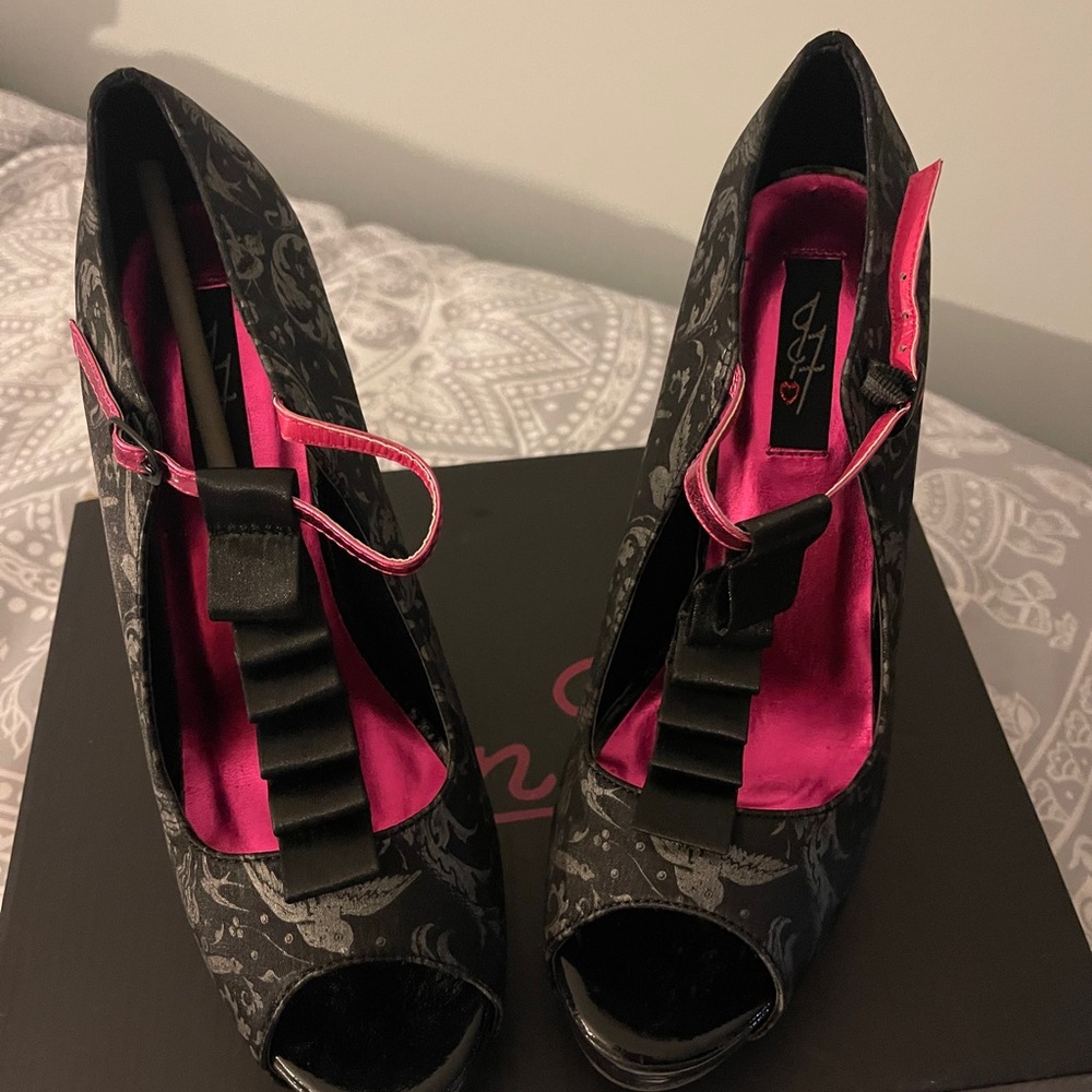Iron Fist Black and Pink Goth Pattern Peep-Toe Heels - Picture 4 of 14
